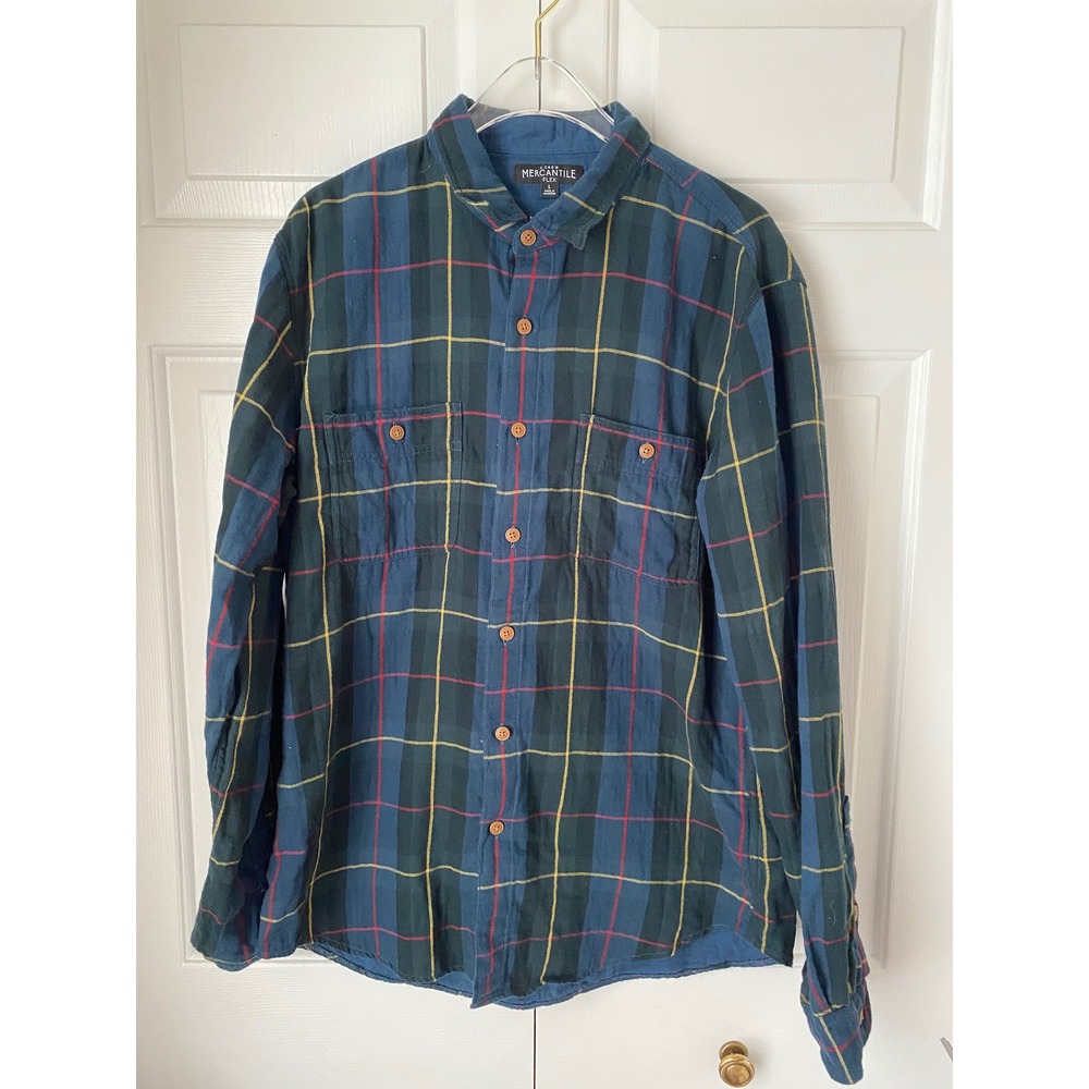 J Crew Mercantile Flex Plaid Long Sleeve Button Up Shirt Men's L Blue Red Preppy